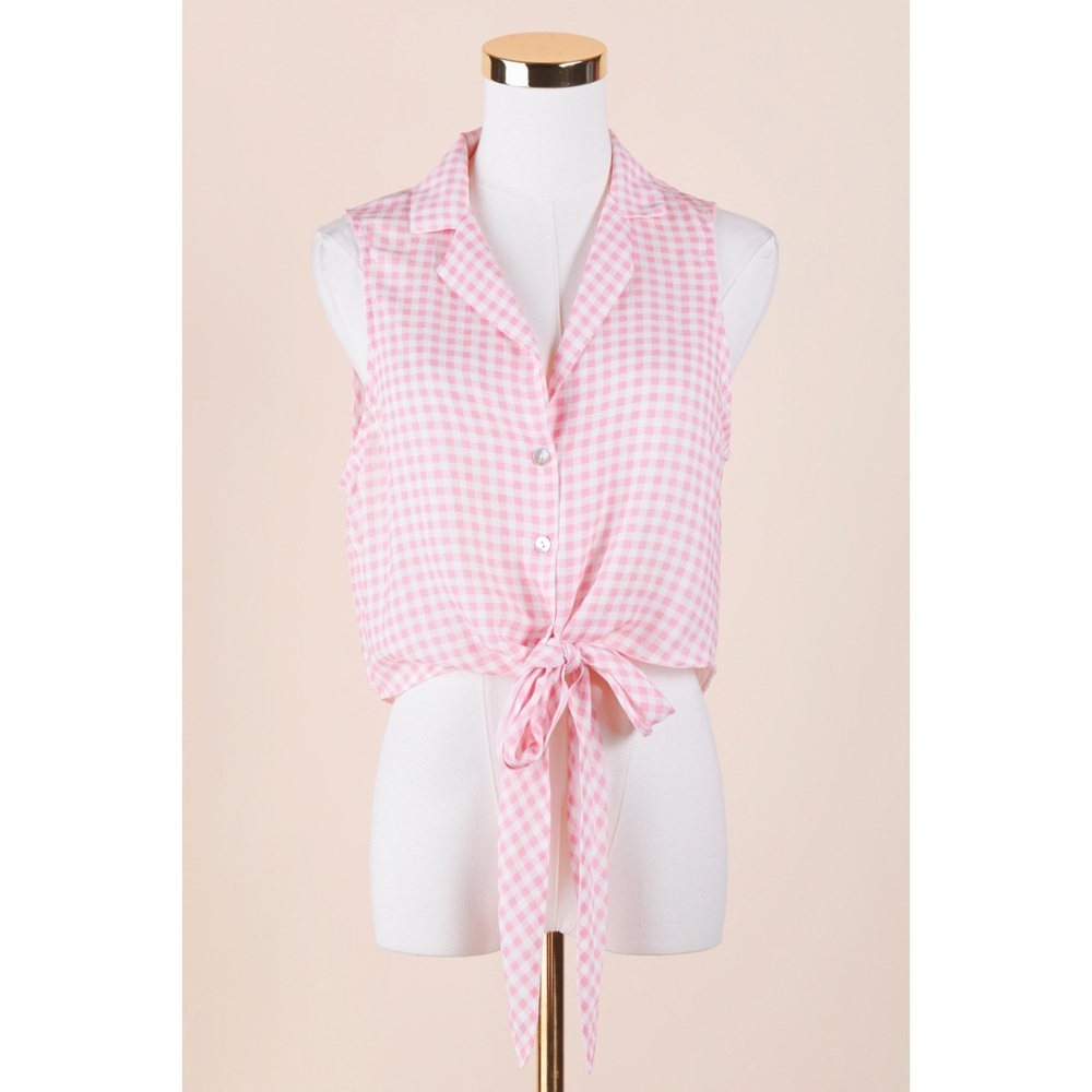 Sz S Show Me Your Mumu Sleeveless Collared Tie Front Gingham Pink White Top GUC